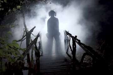 Spooky misty outdoor forest path under nighttime lighting